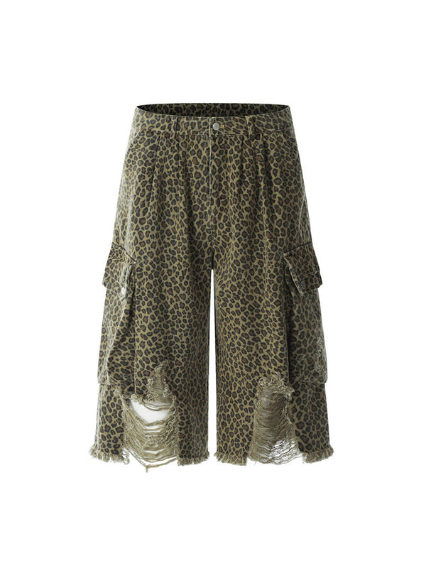 Cheetah Print Distressed Denim Jorts