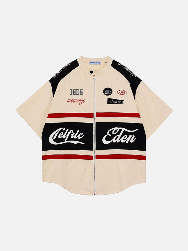 Fvshya Zipper Stitching Racing Short Sleeve Shirt