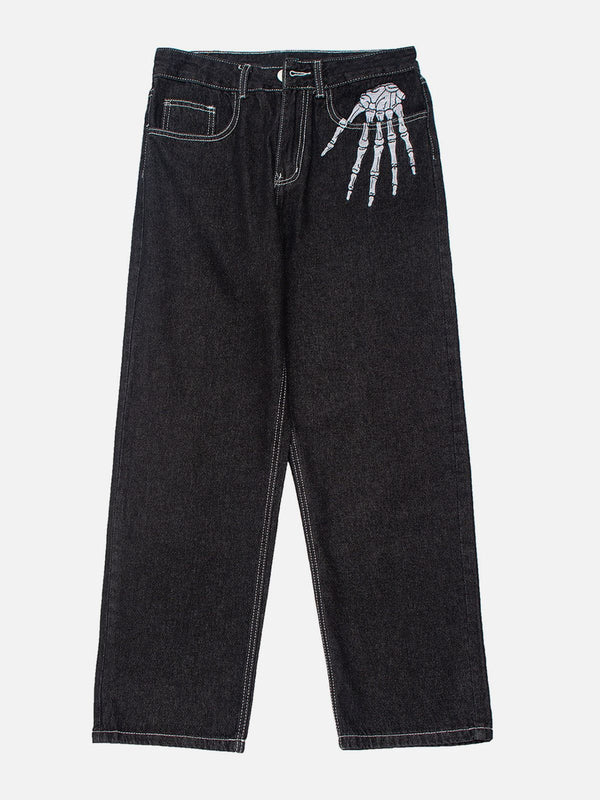 Fvshya Skull Bone Embroidery Loose Jeans