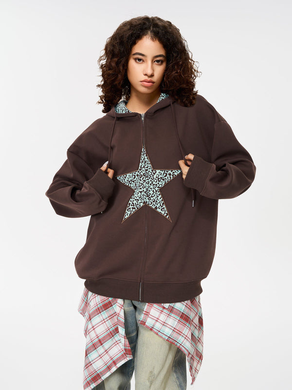 Fushya Leopard Star Graphic Zip Up Hoodie