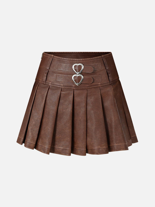 Fvshya Heart Belt Faux Leather Pleated Skirt