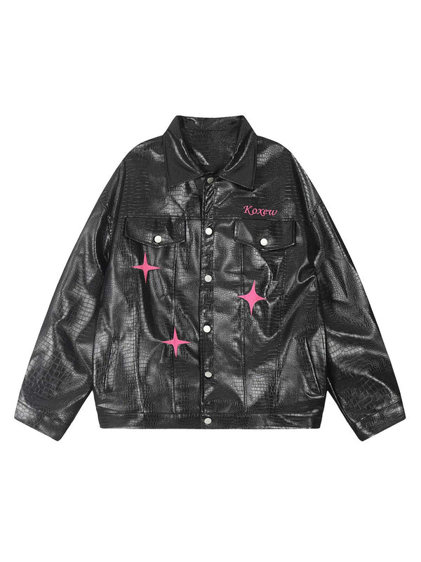 Fvshya Star Embroidered PU Leather Jacket - 2358