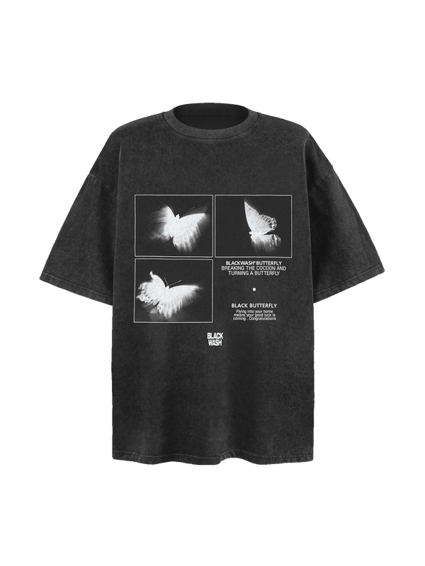 Fvshya Washed Shadow Butterfly Street Rap T-Shirt