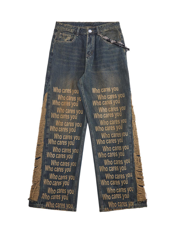 Washed Distressed 'Who Cares You' Print Straight Jeans