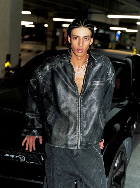 Fushya "Street Star" Deep Low Washed Leather Jacket