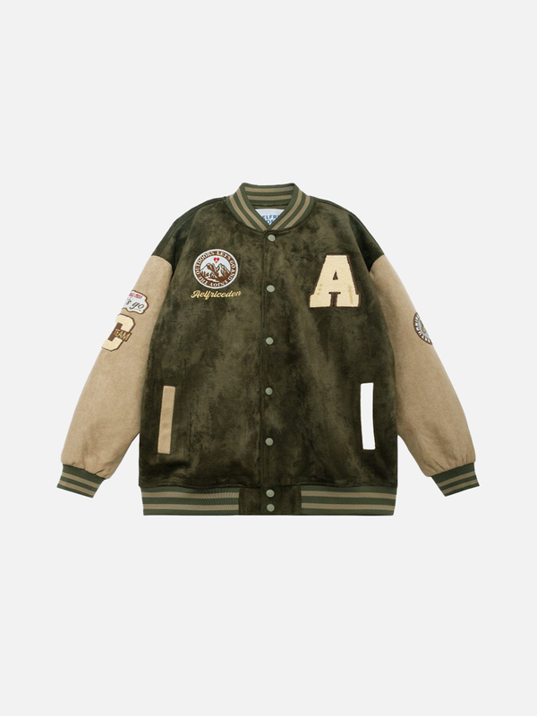 Fvshya Color Block Embroidery Suede Varsity Jacket
