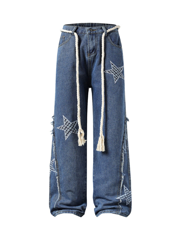 Street Drawstring Star Applique Jeans