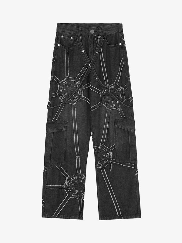 Fushya High Street Hip-Hop Spider Web Denim Pants