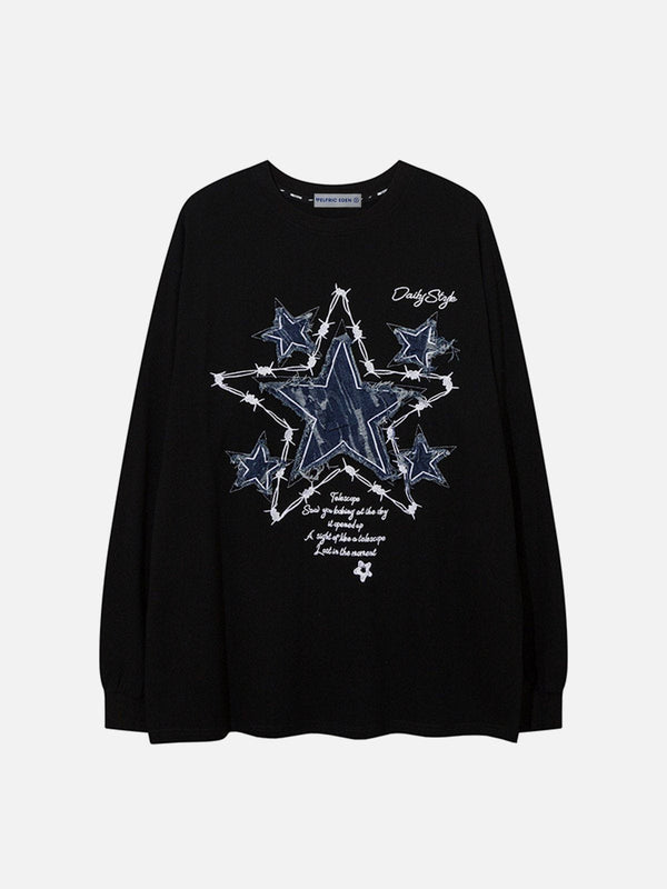 Fvshya Applique Embroidery Denim Star Sweatshirt
